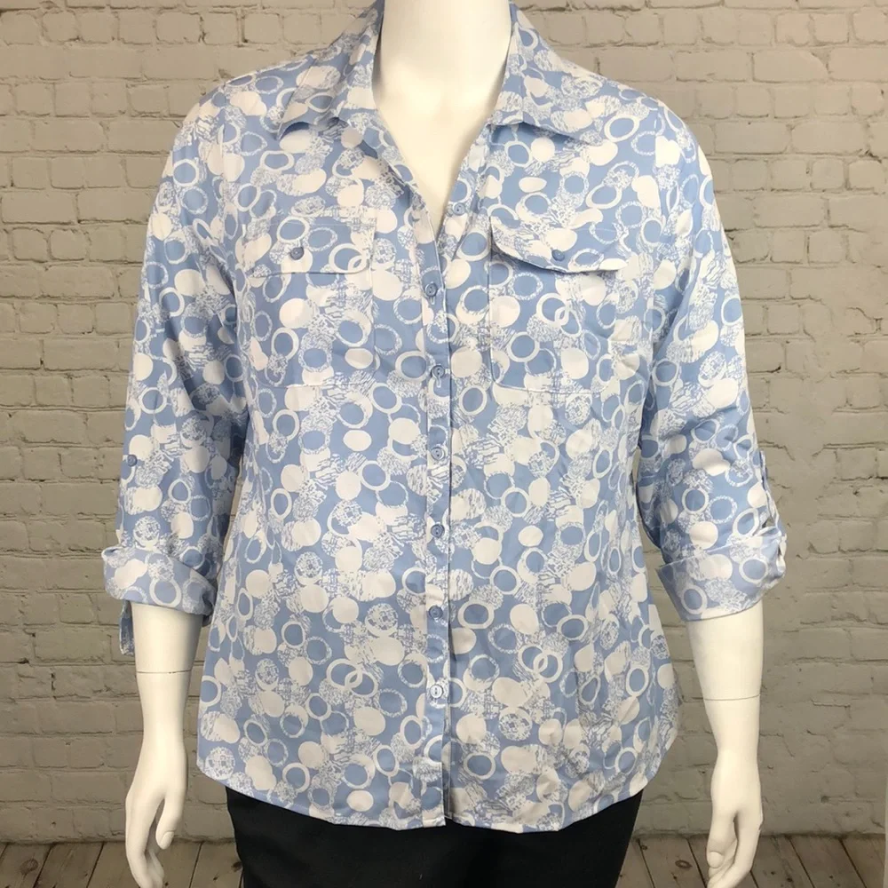 NY Collection Blue & White Button Down Top Plus 1X - Picture 2 of 6